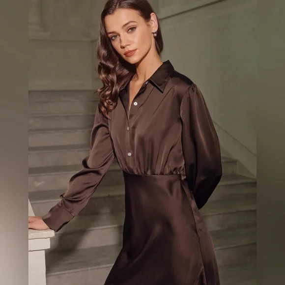 RIHOAS Coffee Ruched Button Midi Dress M - Picture 3 of 4